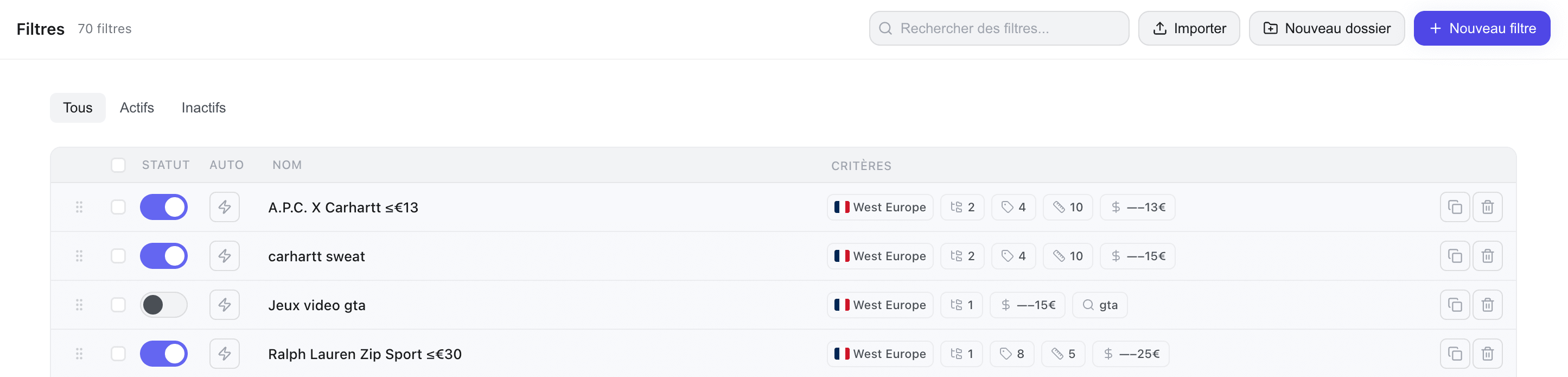 Kops filters page showing list of active filters and folders