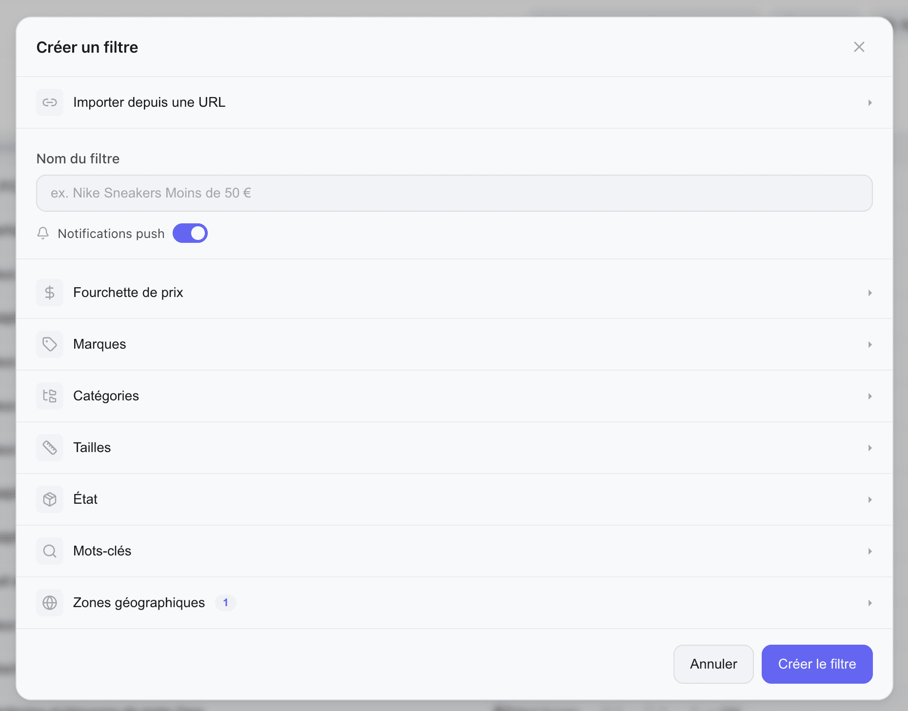 Kops filter creation modal with configuration fields