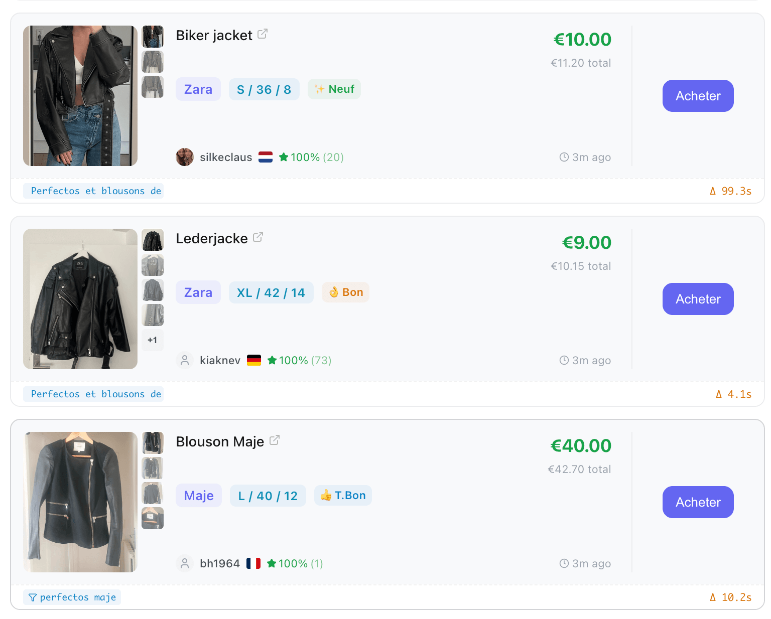 Kops real-time feed showing multiple product cards with prices and statuses