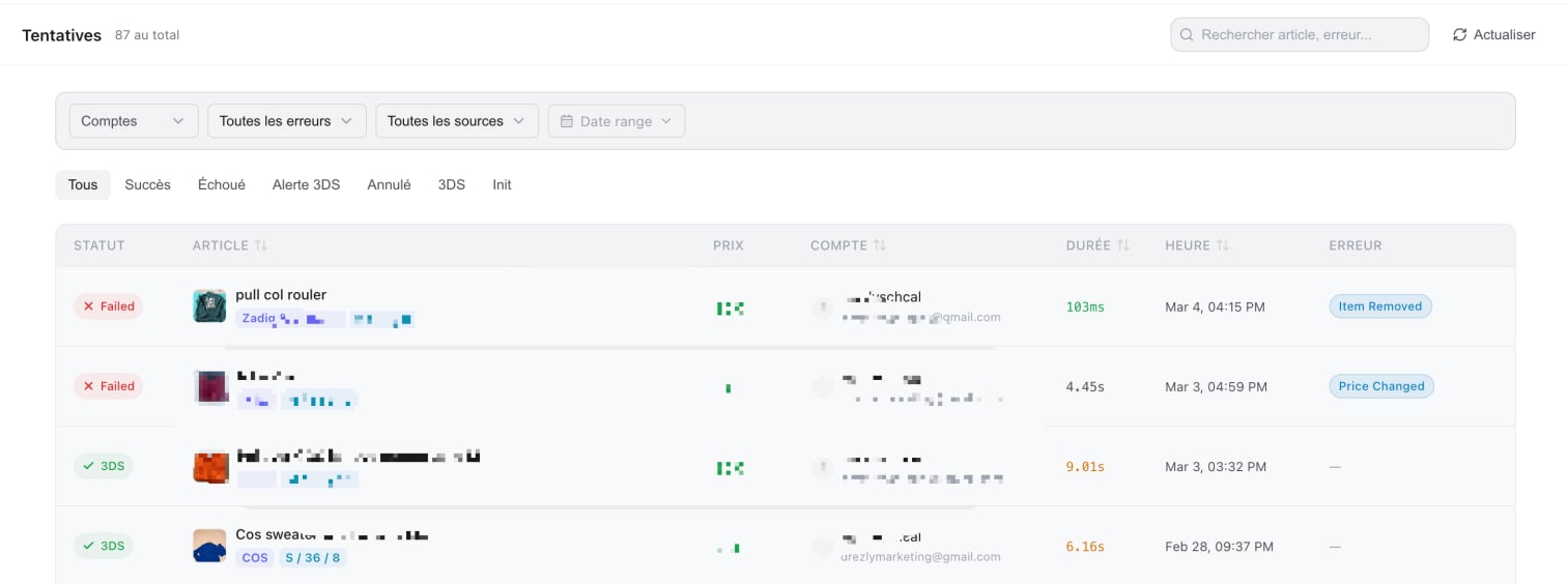 Kops purchase attempts page showing the attempts table with statuses